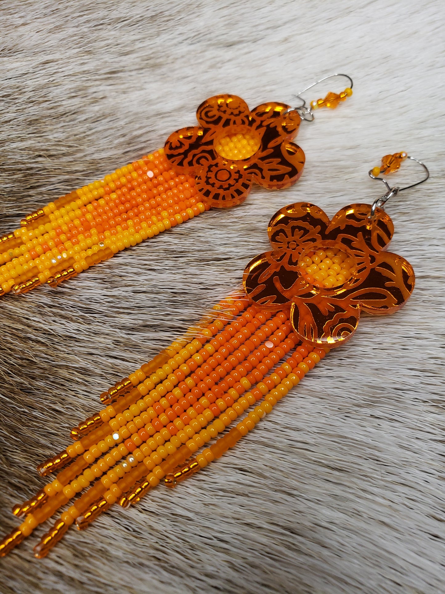 Orange Fringe Métis Floral Earrings