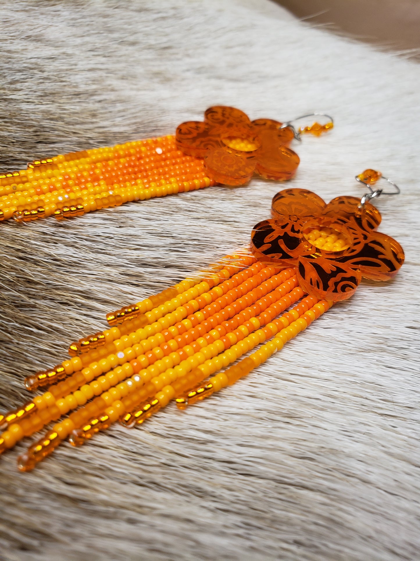Orange Fringe Métis Floral Earrings