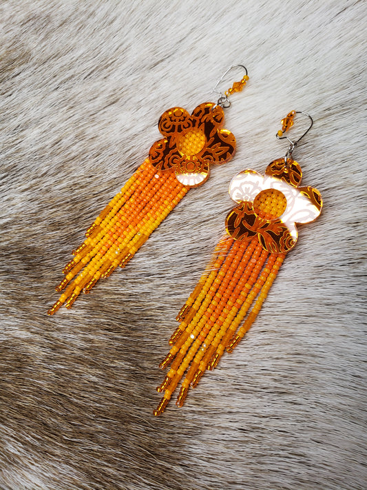 Orange Fringe Métis Floral Earrings