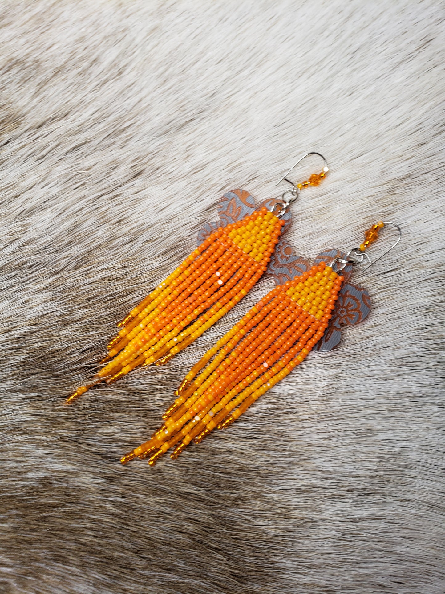 Orange Fringe Métis Floral Earrings